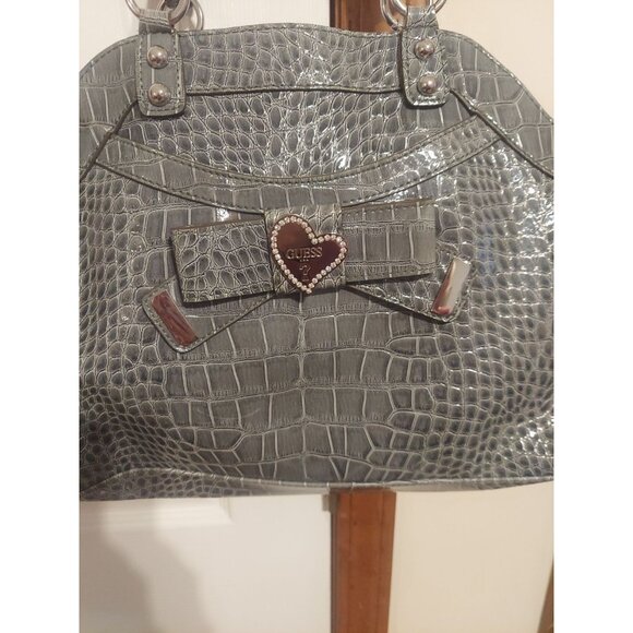 Y2K Vintage GUESS Grey With Bow Crocodile Handbag Tote Large Purse Silver Womens - Picture 2 of 16